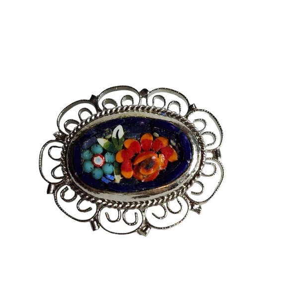 Vintage Micro Mosaic Floral Blue Pink Pietra Dura Brooch Pin Round Filigree - Picture 2 of 10